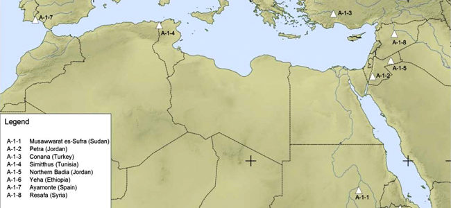 Map of study sites throughout the  Mediterranean and northeastern Africa